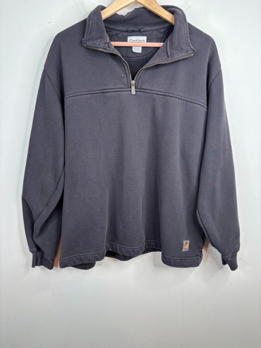 Vintage Carhartt 1/4 Zip Pullover Sweatshirt L Distressed Faded Black Workwear